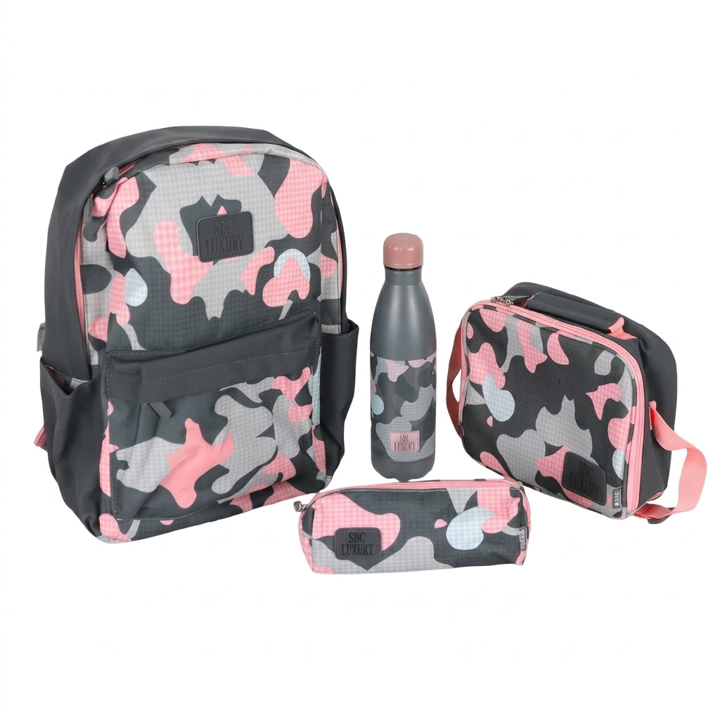 SBC Luxury 4-in-1 School Set 16" – Pink Camo (Backpack, Lunch Bag, Pencil Case & Water Bottle)