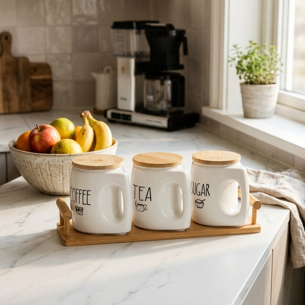 3 Pcs Ceramic Canister Set 500ml Each with Wooden Lids and Tray
