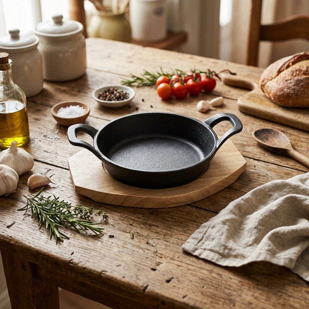 Vague Cast Iron Sizzling Pan with Wooden Base – Black, 16 × 3.8 cm