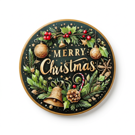Ceramic-Coated Round Christmas Coaster 10 cm – Dark Green & Gold Merry Christmas Design