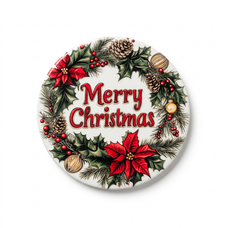 Ceramic-Coated Round Christmas Coaster 10 cm – White, Red & Green Merry Christmas Design

