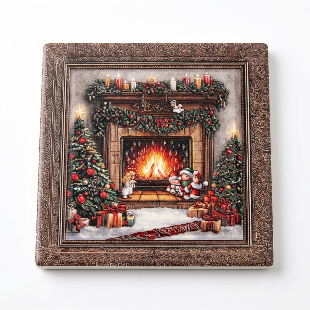 Ceramic-Coated Square Christmas Coaster, 11 cm – Multicolour Fireplace Design with Brown Border

