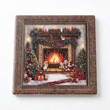 Ceramic-Coated Square Christmas Coaster, 11 cm – Multicolour Fireplace Design with Brown Border

