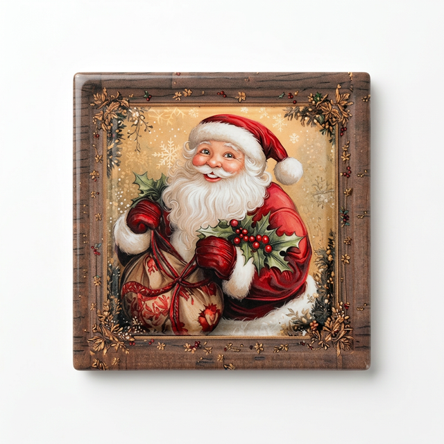 Ceramic-Coated Square Christmas Santa Coaster 11 cm – Brown & Multicolour