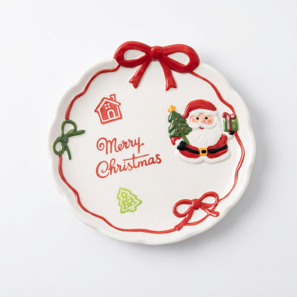 Ceramic Christmas Candy Plate with Santa & Bow Design – White, Red & Green, 21 cm

