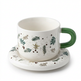Ceramic Christmas Cup & Saucer Set White & Green Handle - 350ml