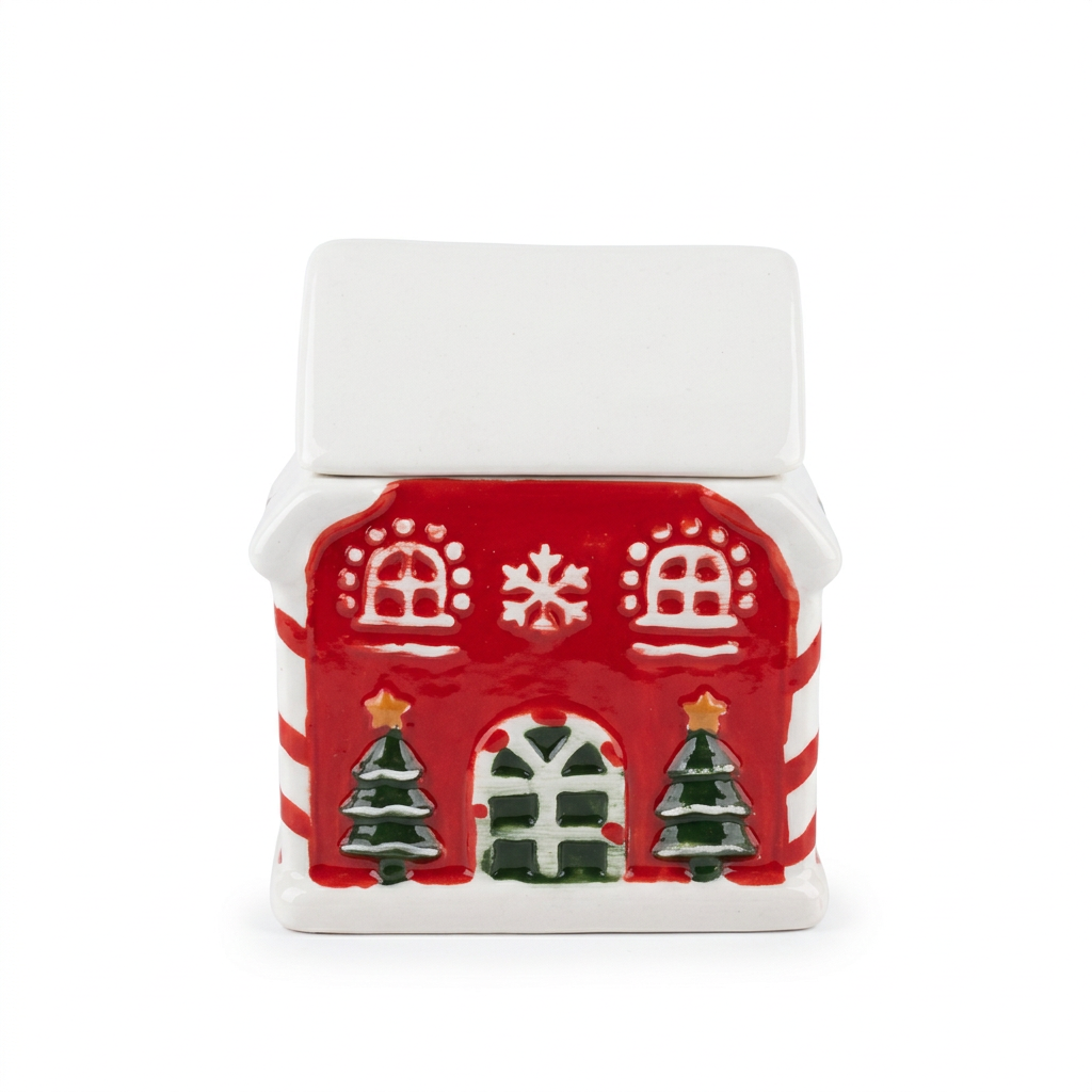Ceramic Christmas House Candy Jar with Lid - 10×9cm