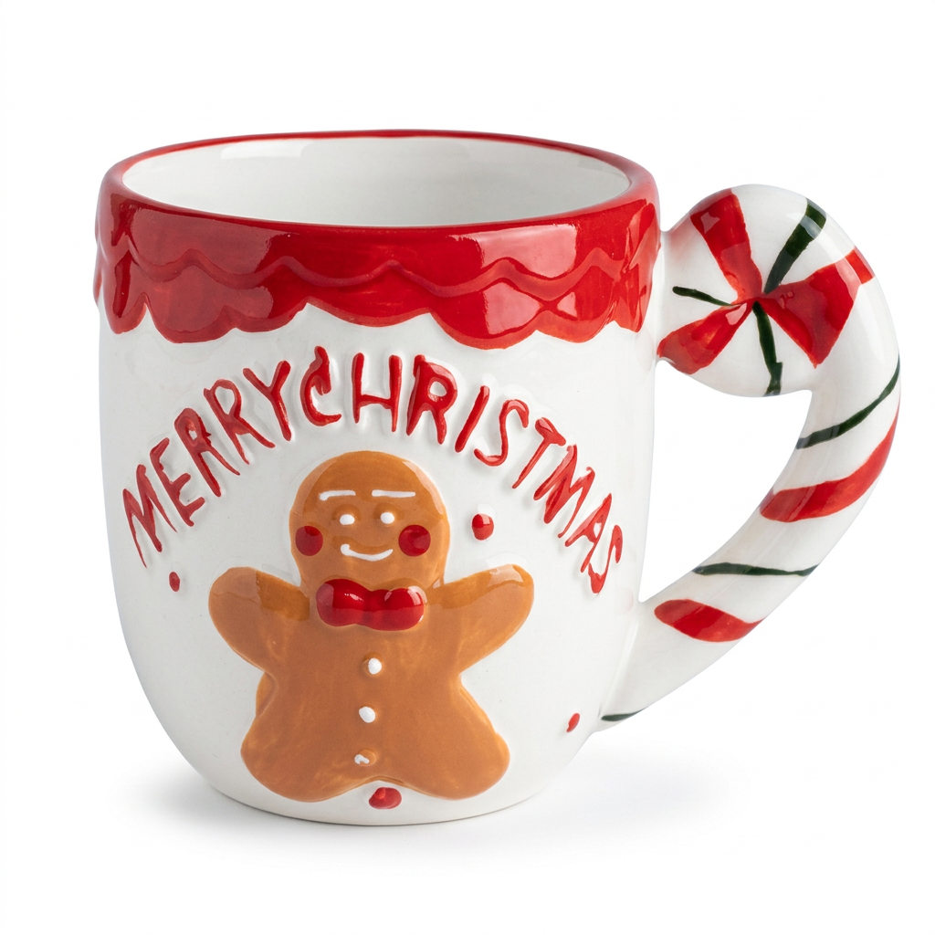 Ceramic Christmas Mug 300 ml – White & Red Gingerbread Design with Candy Cane Handle
