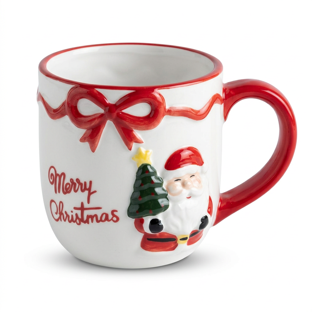 Ceramic Christmas Mug with Raised Santa & Bow Design - 300ml