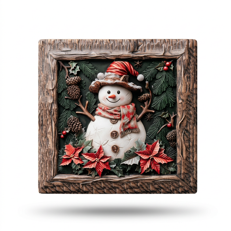 Ceramic Coated Square Christmas Coaster, 3D Snowman Design, Rustic Brown, 11 cm


