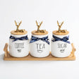 Ceramic Tea, Coffee & Sugar Jar Set with Tray and Gold-Tone Deer Lid Handles – 3 Jars, 500 ml Each