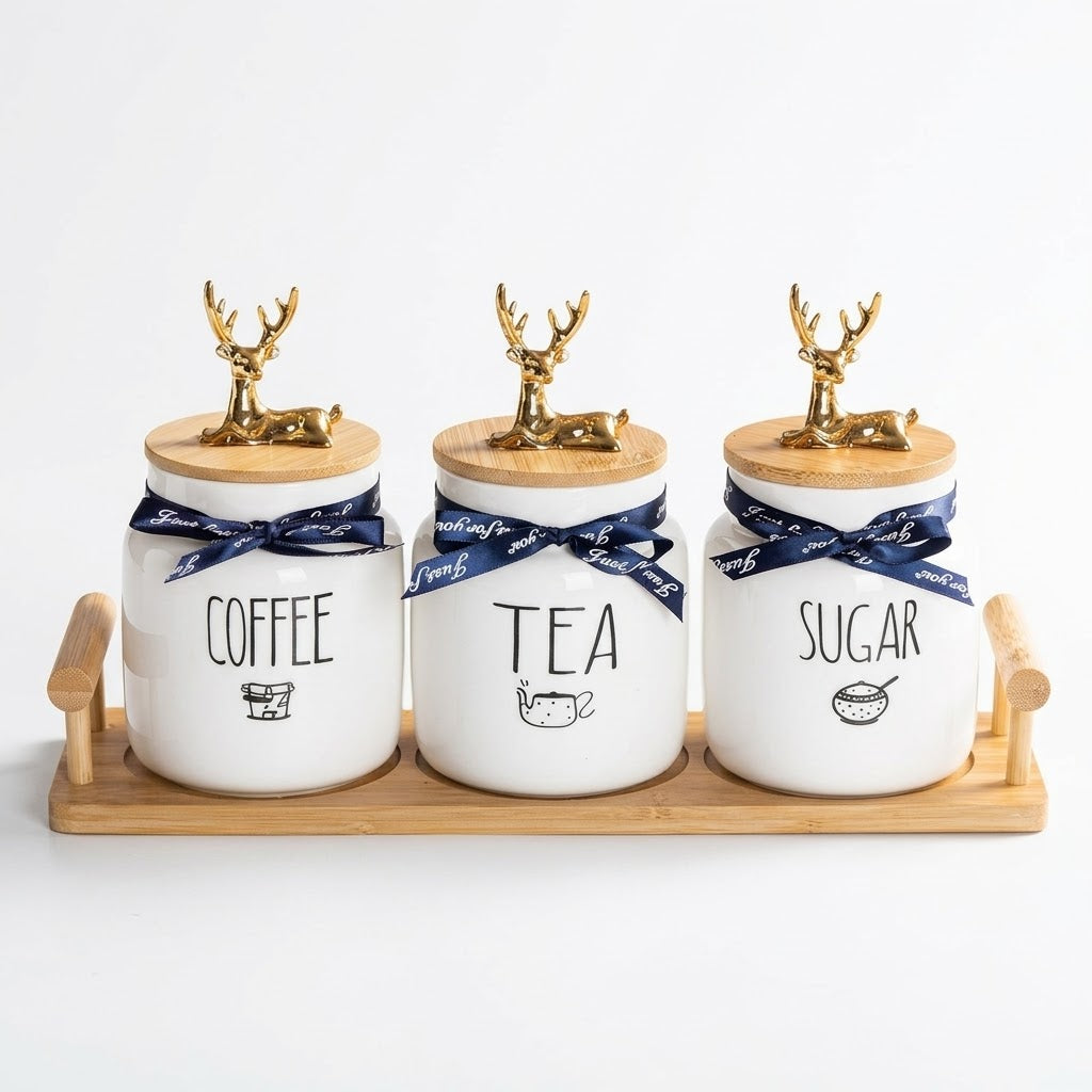 Ceramic Tea, Coffee & Sugar Jar Set with Tray and Gold-Tone Deer Lid Handles – 3 Jars, 500 ml Each