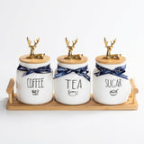 Ceramic Tea, Coffee & Sugar Jar Set with Tray and Gold-Tone Deer Lid Handles – 3 Jars, 500 ml Each