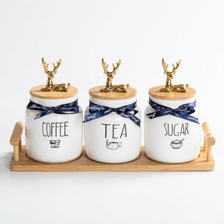 Ceramic Tea, Coffee & Sugar Jar Set with Tray and Gold-Tone Deer Lid Handles – 3 Jars, 500 ml Each