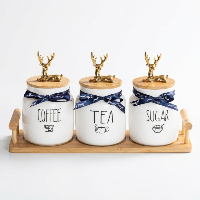 Ceramic Tea, Coffee & Sugar Jar Set with Tray and Gold-Tone Deer Lid Handles – 3 Jars, 500 ml Each