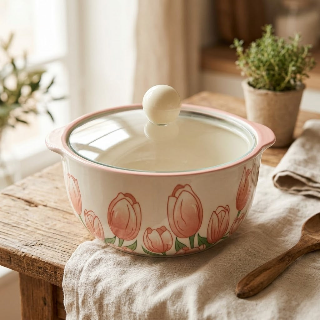 Ceramic Serving Bowl with Glass Lid, Pink Tulip – 18 × 8 cm
