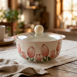 Ceramic Serving Bowl with Glass Lid, Pink Tulip – 18 × 8 cm