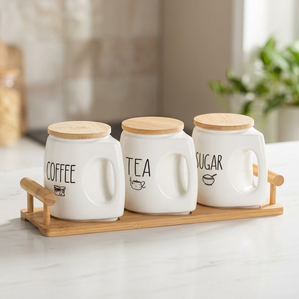 3 Pcs Ceramic Canister Set 500ml Each with Wooden Lids and Tray