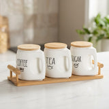 3 Pcs Ceramic Canister Set 500ml Each with Wooden Lids and Tray