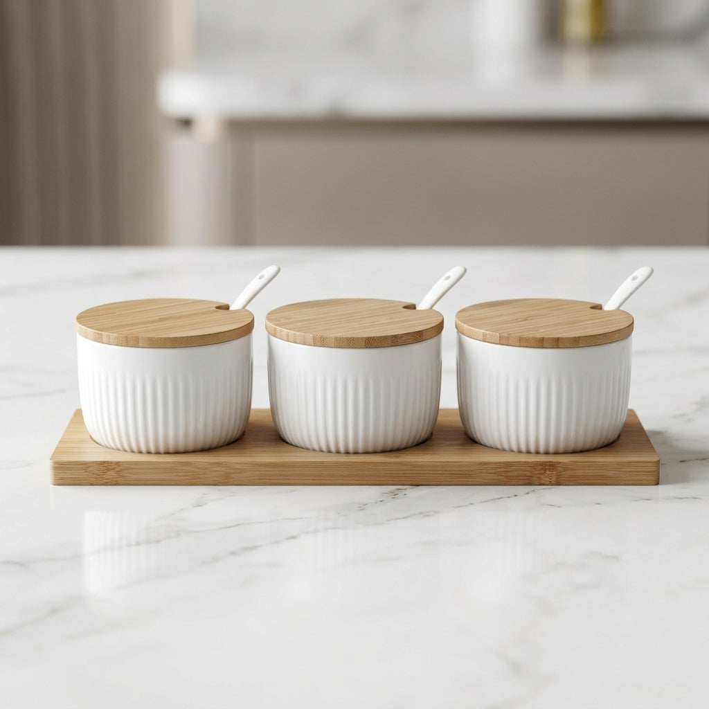 Danny Home 3-Piece Ceramic Canister Set with Wooden Lids, Tray & Spoons, White, 10 × 6 cm