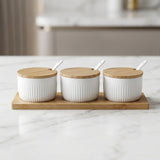 Danny Home 3-Piece Ceramic Canister Set with Wooden Lids, Tray & Spoons, White, 10 × 6 cm