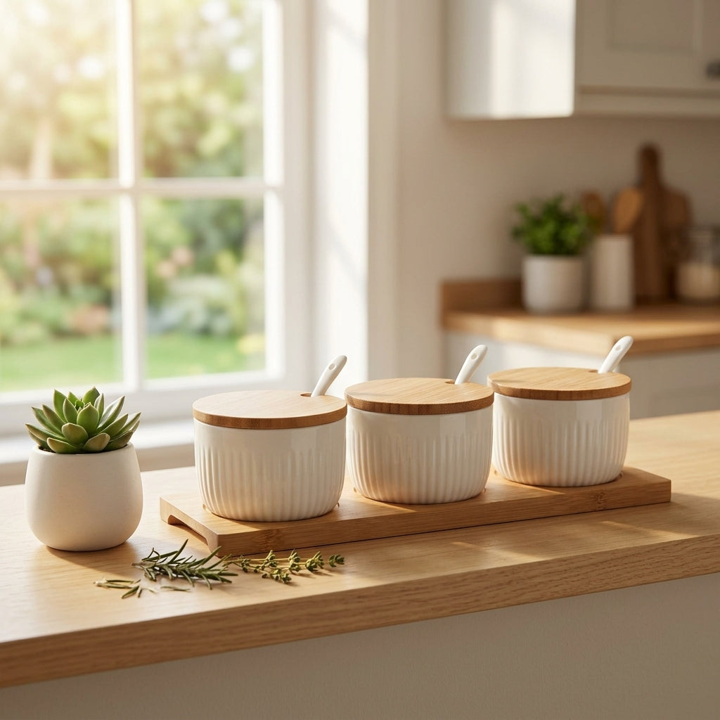 Danny Home 3-Piece Ceramic Canister Set with Wooden Lids, Tray & Spoons, White, 10 × 6 cm