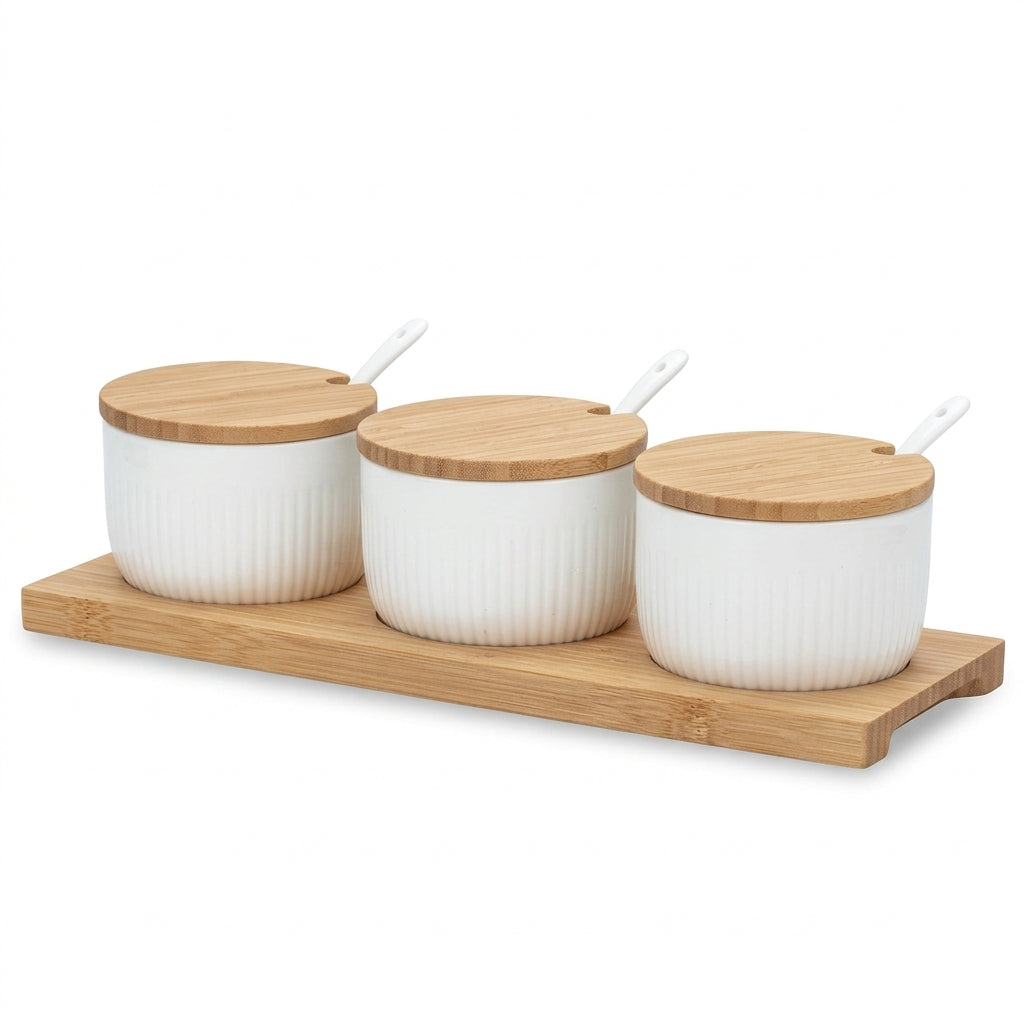 Danny Home 3-Piece Ceramic Canister Set with Wooden Lids, Tray & Spoons, White, 10 × 6 cm