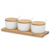 Danny Home 3-Piece Ceramic Canister Set with Wooden Lids, Tray & Spoons, White, 10 × 6 cm