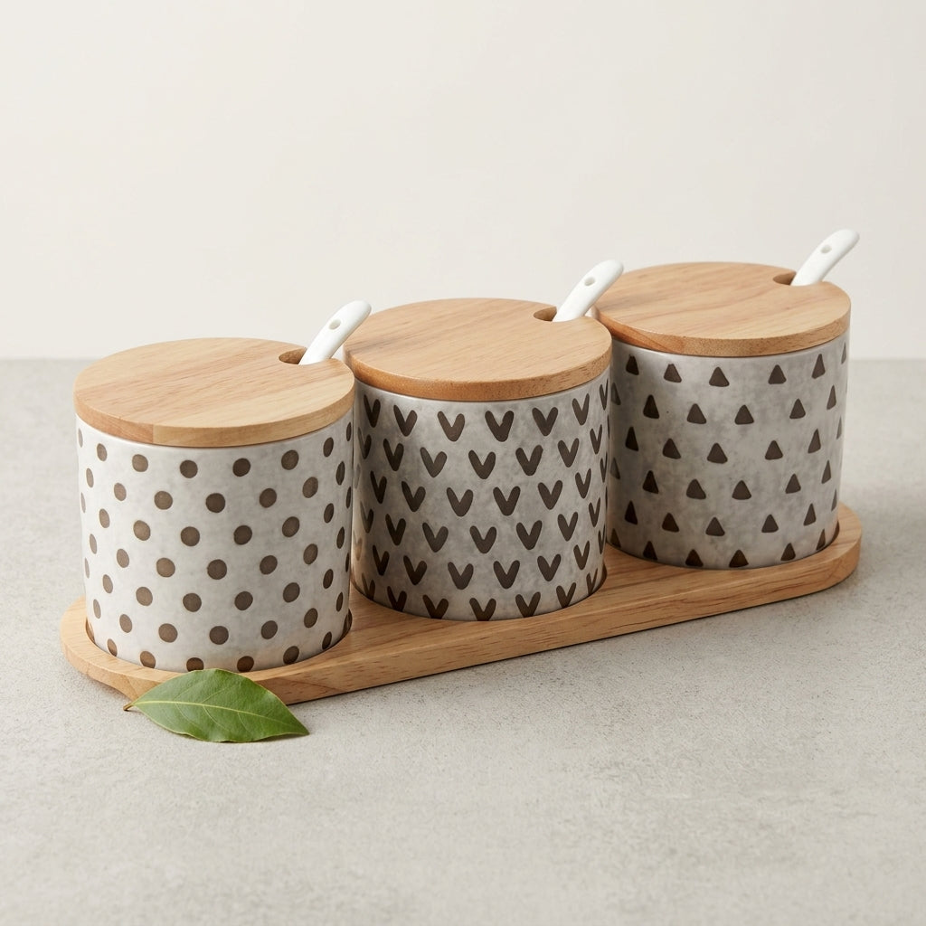 Danny Home 10-Piece Ceramic Canister Set with Wooden Lids, Tray & Spoons, White and Black, 9 × 7 cm