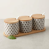 Danny Home 10-Piece Ceramic Canister Set with Wooden Lids, Tray & Spoons, White and Black, 9 × 7 cm