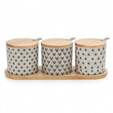 Danny Home 10-Piece Ceramic Canister Set with Wooden Lids, Tray & Spoons, White and Black, 9 × 7 cm