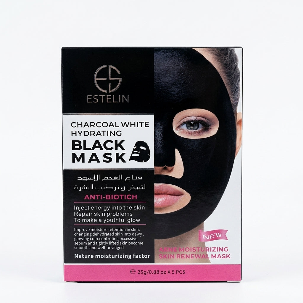 Estelin Charcoal White Hydrating Black Mask – Anti-Biotic Skin Renewal Sheet Mask (5 Sheets)