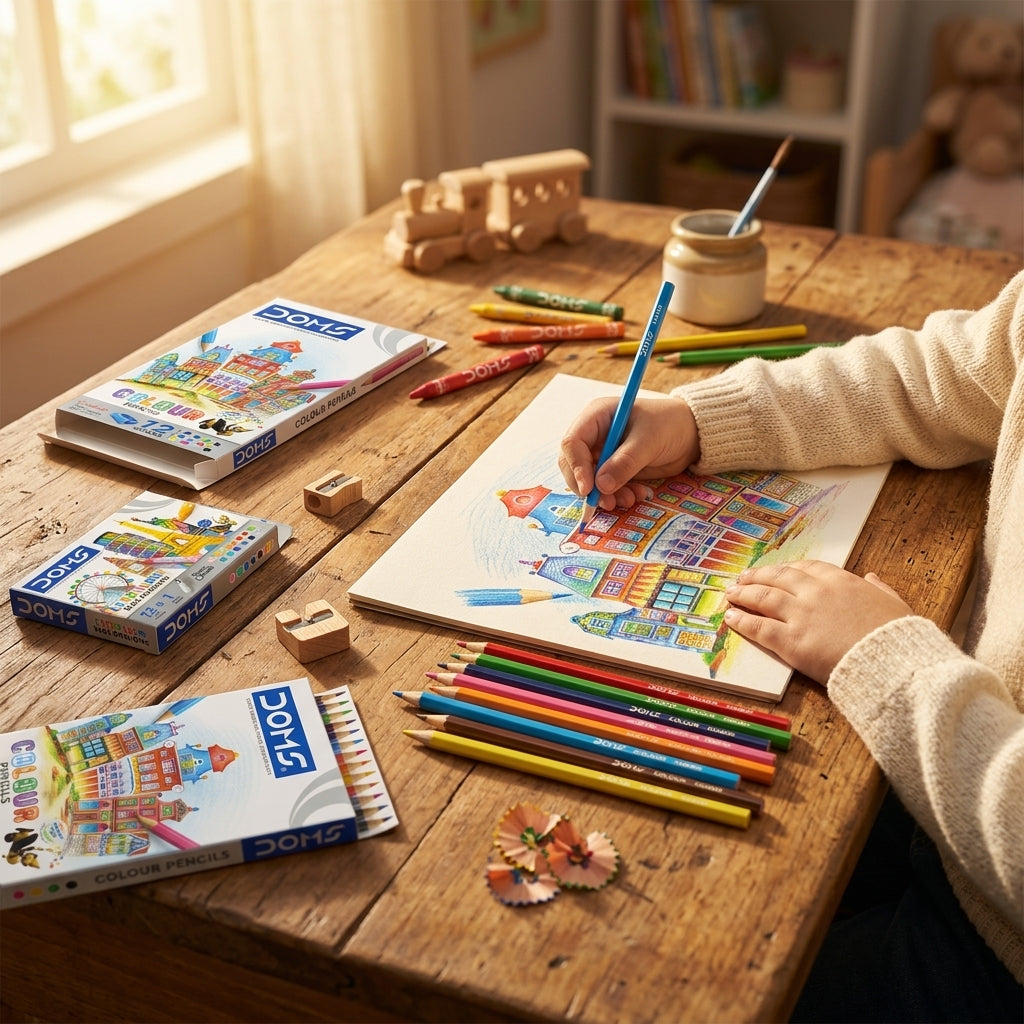 DOMS Art & Colour Set – Colour Pencils, Extra Long Wax Crayons & Aqua Water Colour Pens (3-in-1 Bundle)