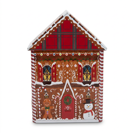 Christmas Gingerbread House Metal Candy Box – Brown & Red, 21 × 13 cm

