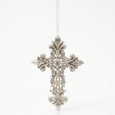 Christmas Ornate Cross Plastic Hanging Decoration – Silver, 15 cm