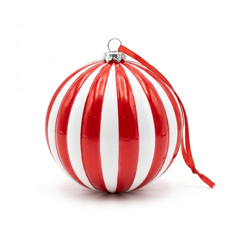 Christmas Plastic Hanging Bauble Decoration Red & White Striped – 10 cm