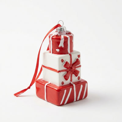 Christmas Stacked Gift Box Plastic Hanging Decoration – Red & White, 10 cm