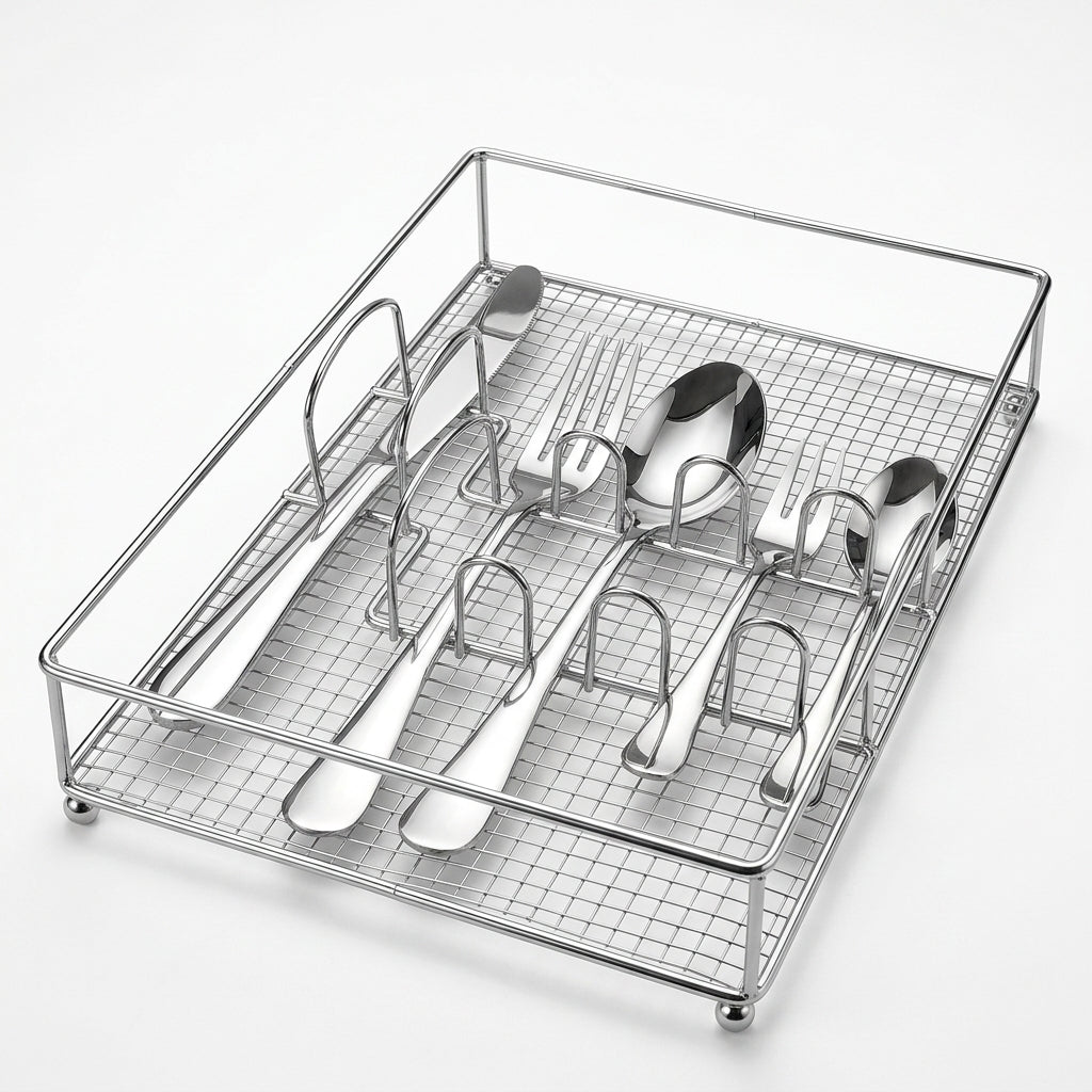 Sole Cook 30-Piece Polished Stainless Steel Cutlery Set with Chrome Wire Storage Caddy – 6 Person Flatware Set (6x Knives 22cm, 6x Dinner Forks 20.5cm, 6x Dinner Spoons 20cm, 6x Dessert/Tea Forks 14cm, 6x Dessert/Tea Spoons 14cm)