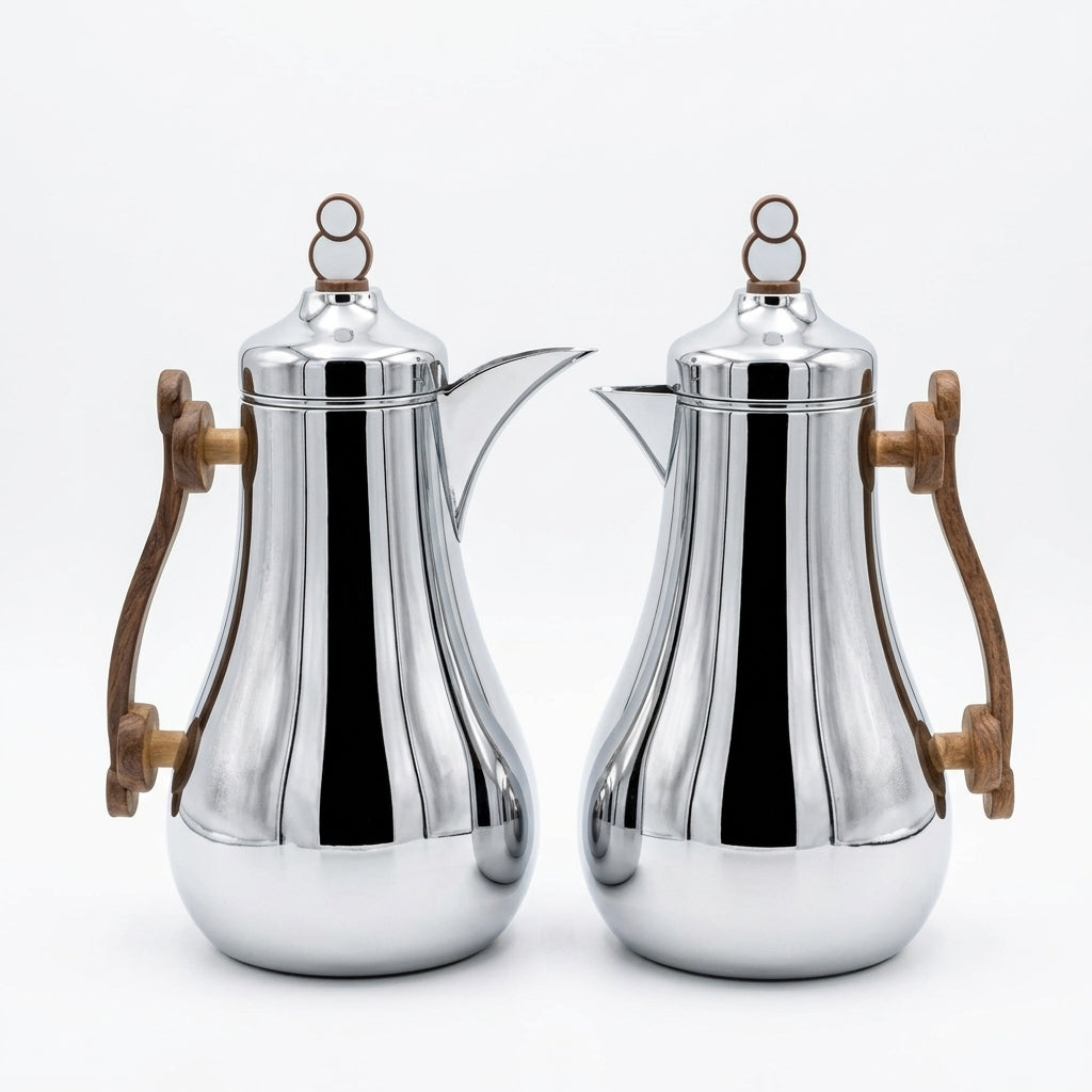 Mahra Vacuum Flask Set, 2 × 1 Litre, Chrome with Wood-Style