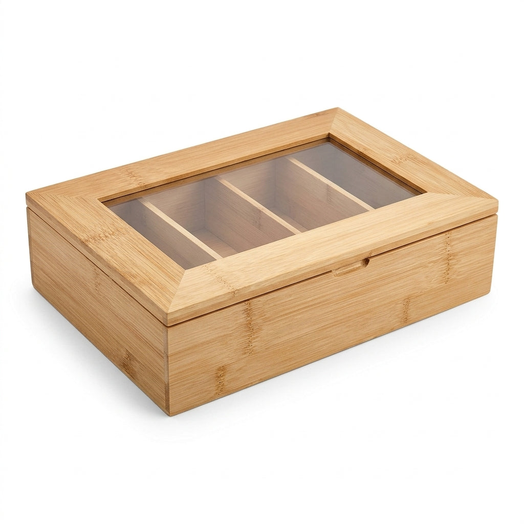 Danny Home Bamboo Tea Bag Organizer with Clear Lid, 4 Compartments, 30 × 20 × 8 cm