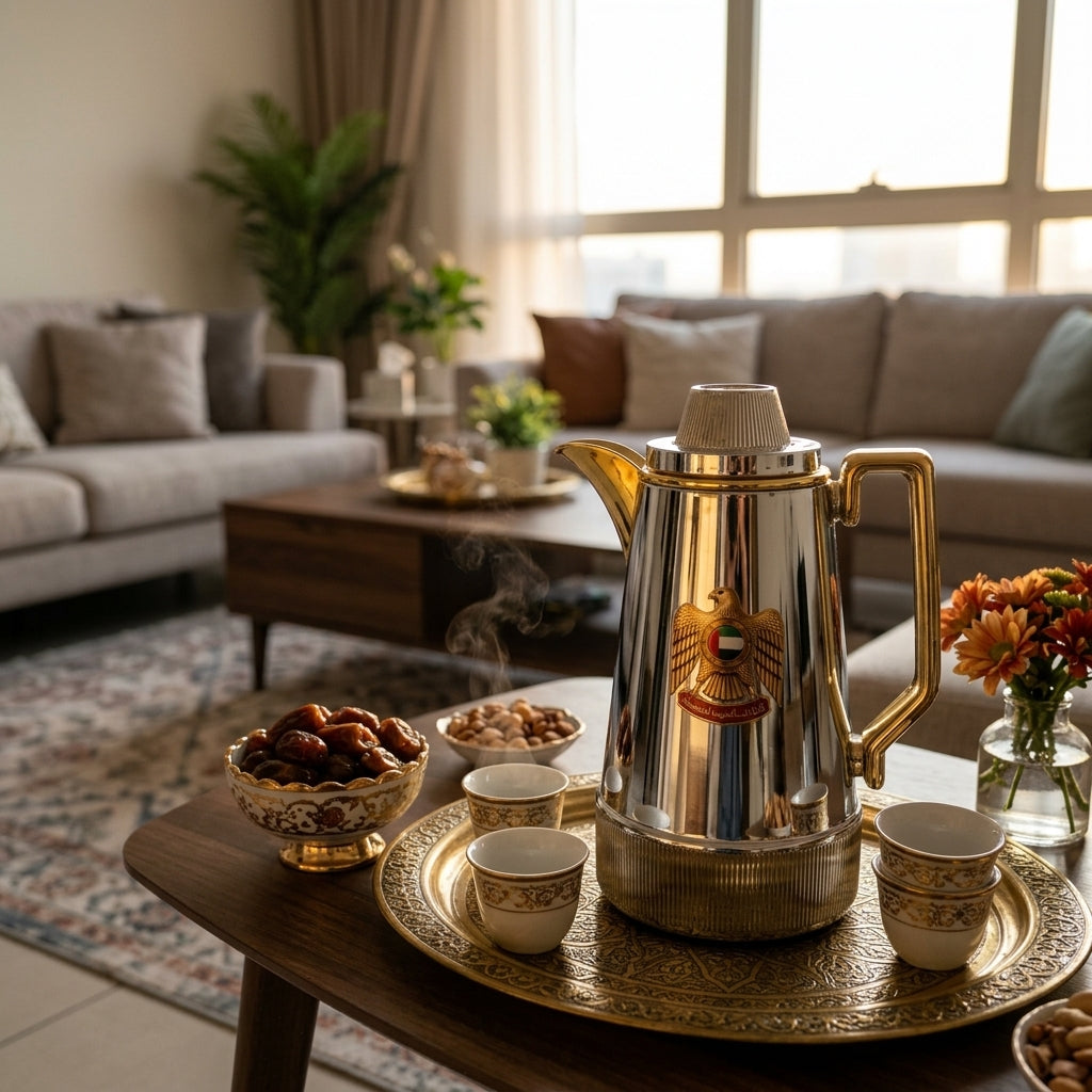 Redhome 1 Litre Vacuum Flask – Chrome with Gold Accents And UAE Emblem