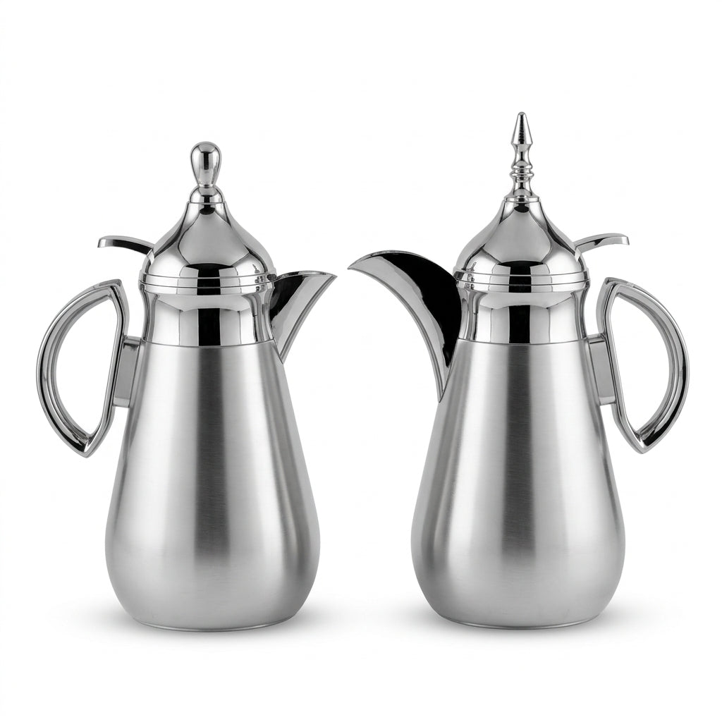 Lavindar Vacuum Flask Set, 2 × 1 Litre, Matte Silver with Silver