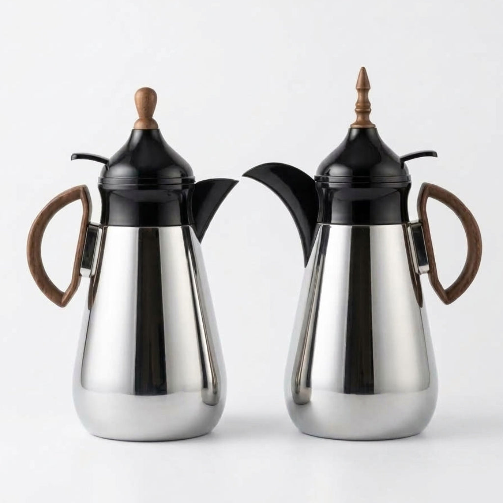 Lavindar Vacuum Flask Set, 2 × 1 Litre, Silver with Black and Dark Wood