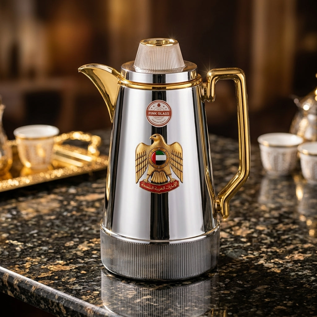 Redhome 1 Litre Vacuum Flask – Chrome with Gold Accents And UAE Emblem