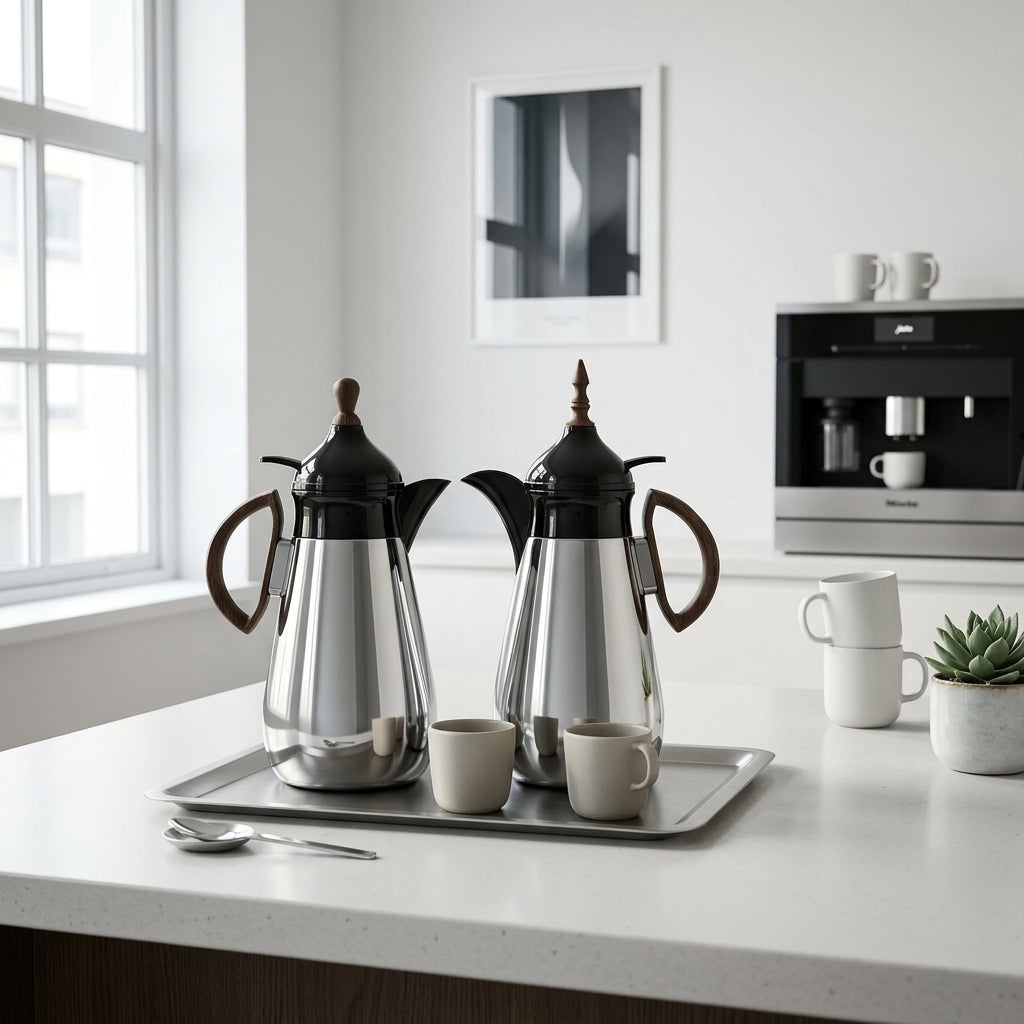 Lavindar Vacuum Flask Set, 2 × 1 Litre, Silver with Black and Dark Wood
