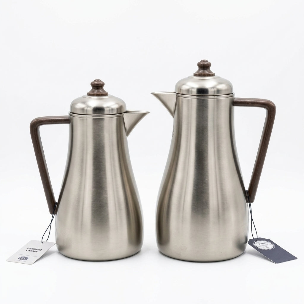 Elena Vacuum Flask Set, 0.7 + 1 Litre, Matt Nickel with Wood-Finish