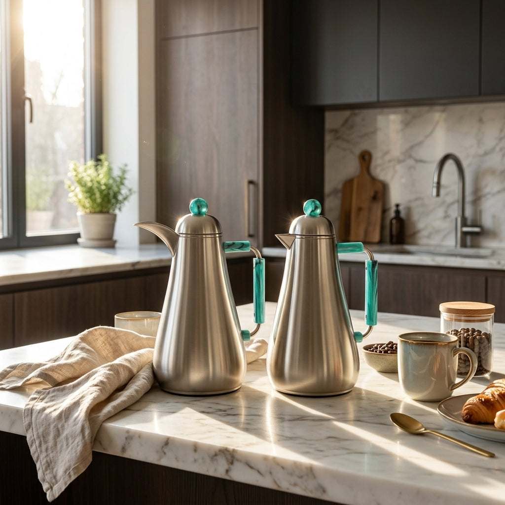 Almarjan 1 + 1 Ltr Vacuum Flask Set, Matt Nickel & Tiffany Marble