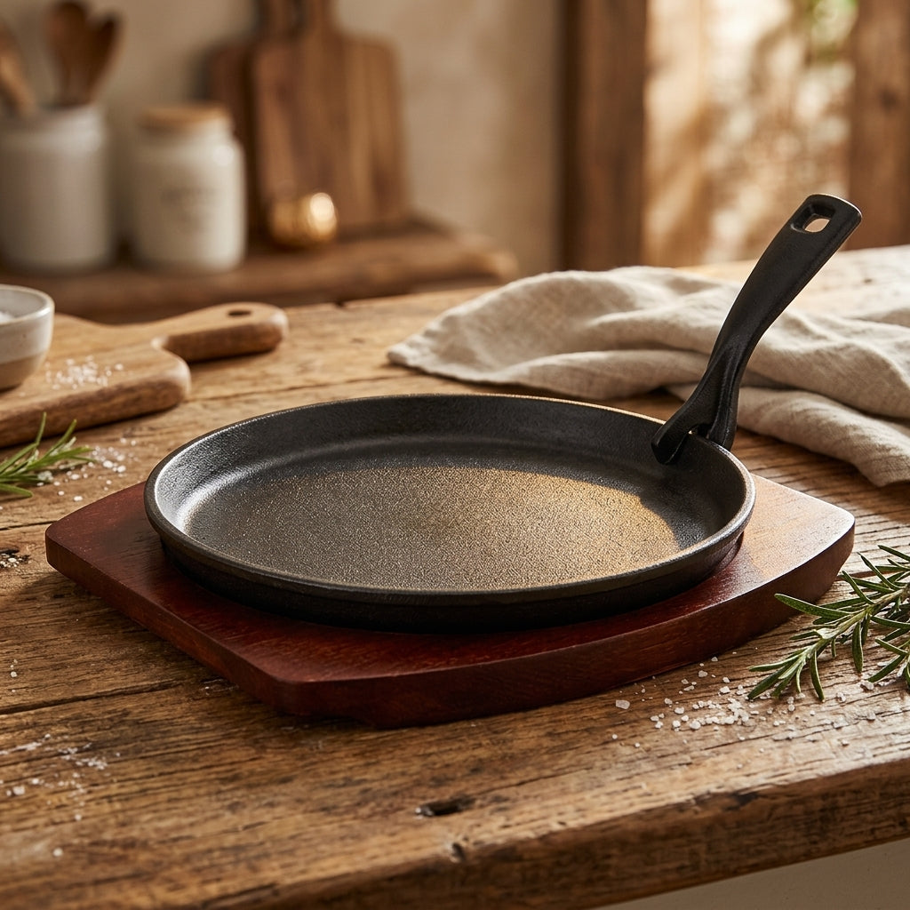 Kitchen Master Cast Iron Sizzler Tray with Wooden Serving Tray – 22 cm