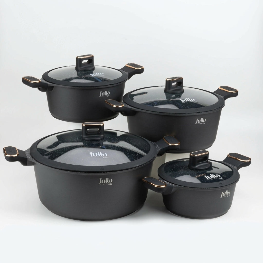 Julia Elite Pro Plus Cookware Set 8 Pcs with Lids - Black - Black Granite Non-Stick - Induction Ready