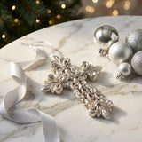 Christmas Ornate Cross Plastic Hanging Decoration – Silver, 15 cm